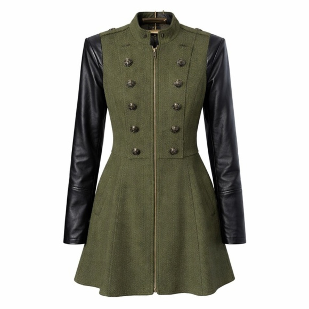 TORRID Olive Green Military Coat Faux Leather Sleeves Size 00 Clean Girl Scandi